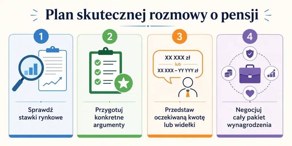 „Plan skutecznej rozmowy o pensji” — cztery etapy: sprawdzenie rynku, przygotowanie argumentów, przedstawienie propozycji, negocjowanie całego pakietu
