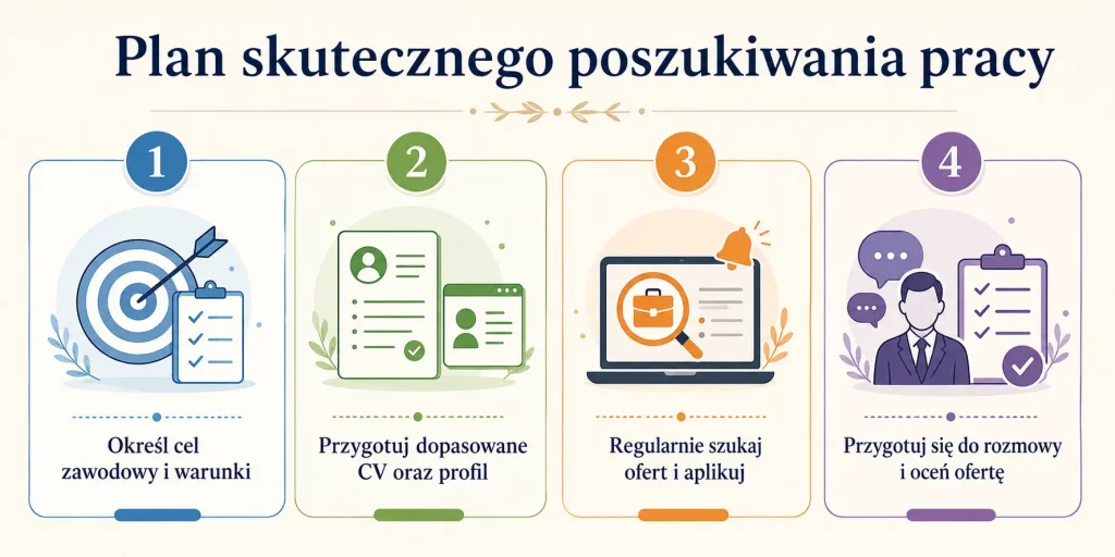 „Plan skutecznego poszukiwania pracy” — cztery etapy: określenie celu, przygotowanie dokumentów, regularne aplikowanie, rozmowa i ocena oferty
