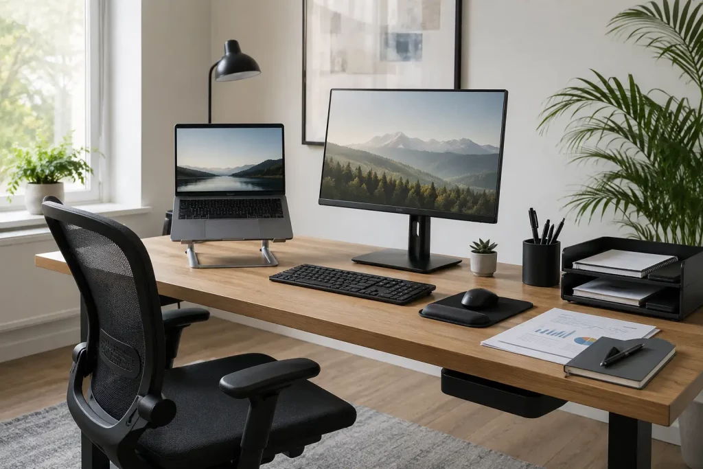 Bezpieczne stanowisko pracy zdalnej, laptop służbowy, dodatkowy monitor i uporządkowane dokumenty
