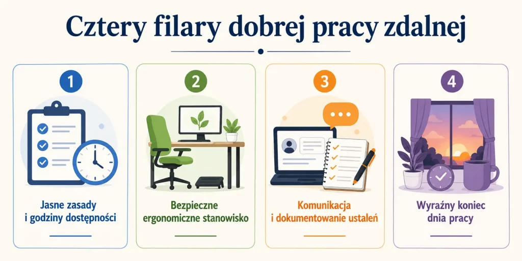 „Cztery filary dobrej pracy zdalnej” — jasne zasady, bezpieczne stanowisko, skuteczna komunikacja i wyraźne granice dnia