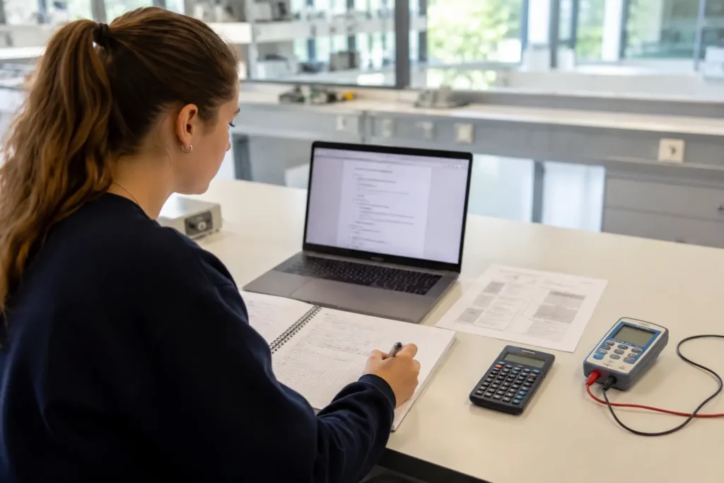 student przygotowujący strukturę sprawozdania na laptopie, obok instrukcja ćwiczenia, notes laboratoryjny i przyrządy pomiarowe