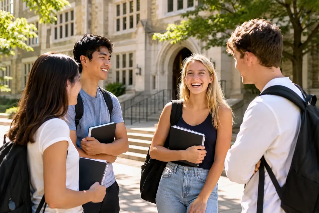 Grupa studentów pierwszego roku przed budynkiem uczelni, rozmowa i śmiech, jasny słoneczny dzień