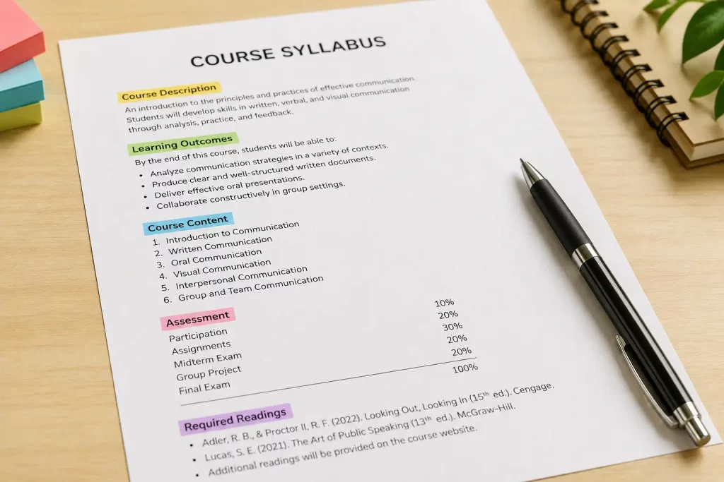 Zbliżenie na wydrukowany sylabus przedmiotu z zakreślonymi kolorowo najważniejszymi fragmentami, biurko studenta
