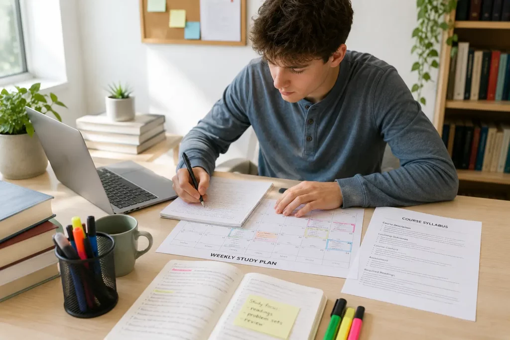 Student planujący naukę na podstawie sylabusa, kalendarz i notatki rozłożone na biurku, naturalne światło