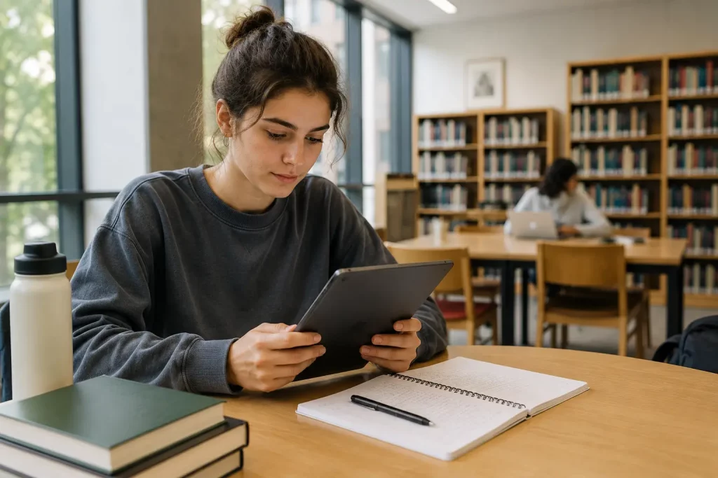 Student czytający sylabus przedmiotu na tablecie, notatnik i długopis obok, jasne wnętrze biblioteki
