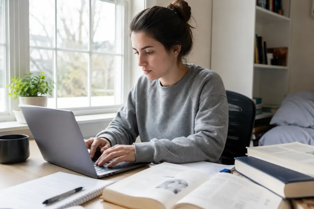  Student piszący pracę zaliczeniową na laptopie przy biurku, notatki i podręczniki obok, jasne wnętrze