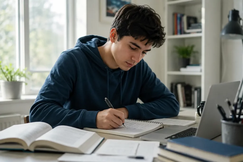 Student zapisujący pomysły na temat pracy zaliczeniowej w notatniku, burza mózgów, jasne biurko
