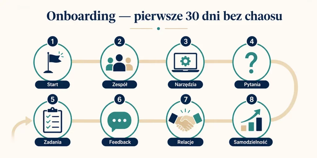 „Onboarding — pierwsze 30 dni bez chaosu”. Na obrazie: start, zespół, narzędzia, pytania, pierwsze zadania, feedback, relacje, samodzielność
