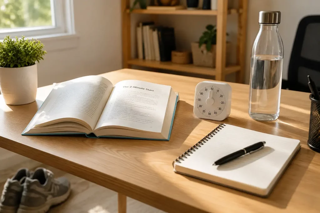 Timer, notes, telefon odłożony ekranem do dołu i jedno małe zadanie na kartce.