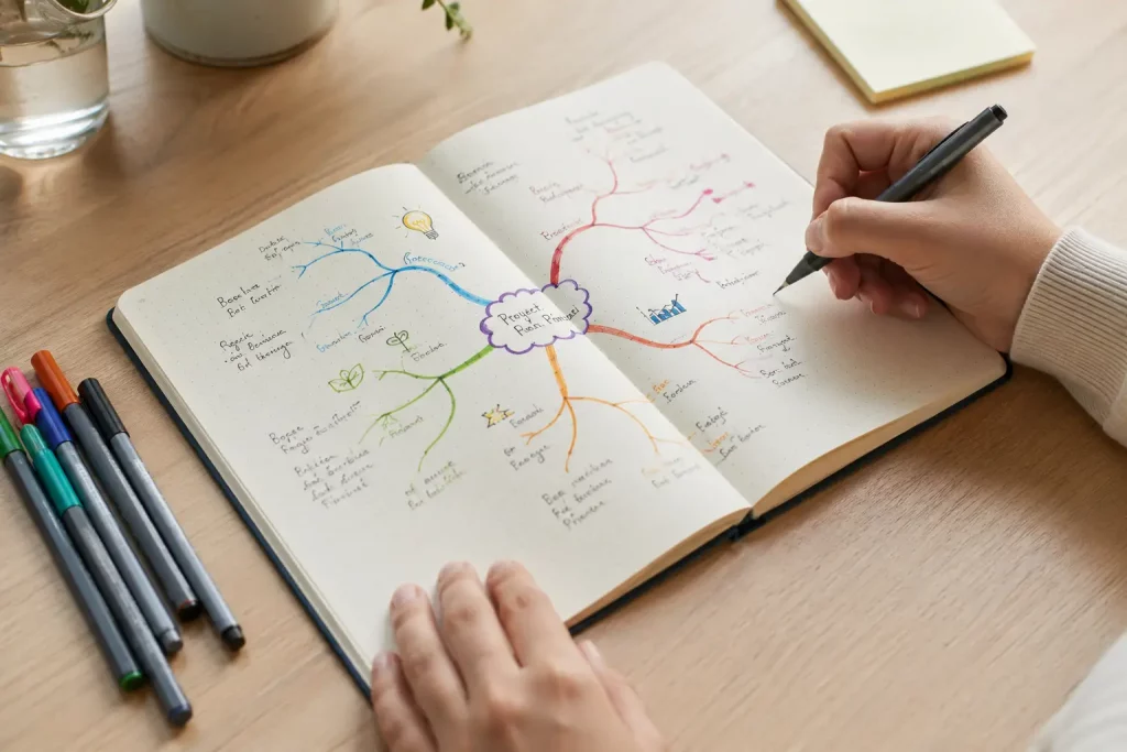 Ręcznie tworzona mapa myśli na jasnym biurku, kolorowe gałęzie, notes i długopisy