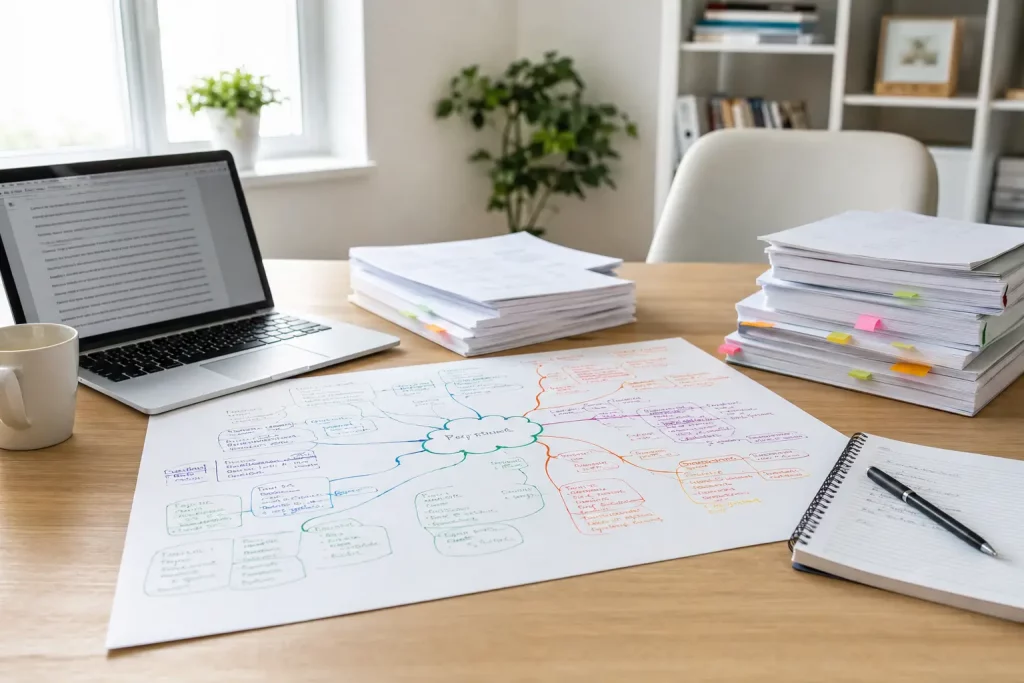 Duża mapa myśli służąca do planowania artykułu, laptop i uporządkowane materiały na jasnym biurku