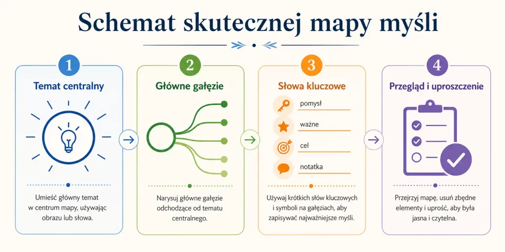 „Schemat skutecznej mapy myśli” — cztery etapy: temat centralny, główne gałęzie, słowa kluczowe, przegląd i uproszczenie