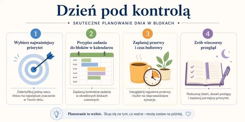 „Dzień pod kontrolą” — cztery elementy: wybór priorytetu, przydzielenie bloków, zaplanowanie przerw i buforów, wieczorny przegląd