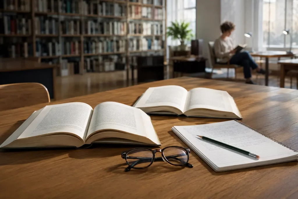 Otwarte książki Gombrowicza i Schulza na stole w czytelni