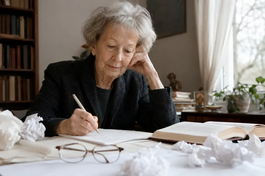Wisława Szymborska przy biurku z tomikiem poezji i kartkami