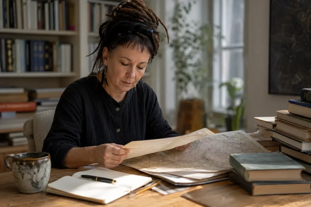 Olga Tokarczuk przy biurku z książkami, rękopisami i mapą