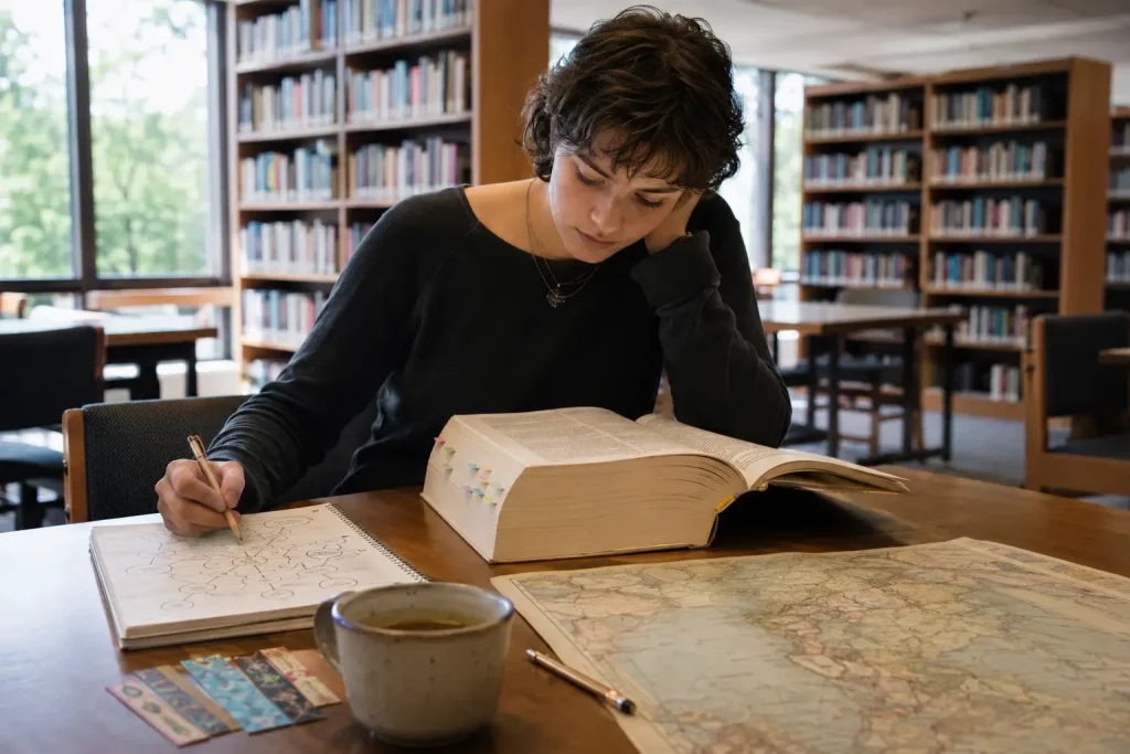 Czytelnik analizujący obszerną powieść Tokarczuk w jasnej bibliotece