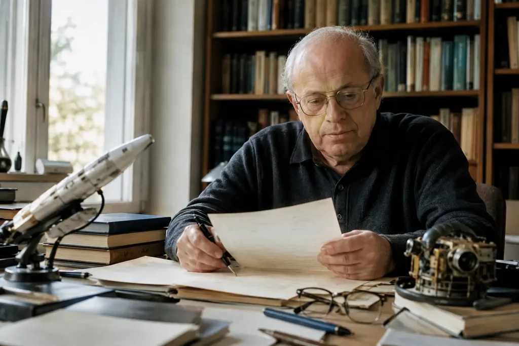 Stanisław Lem przy biurku z rękopisami, książkami naukowymi i modelem rakiety