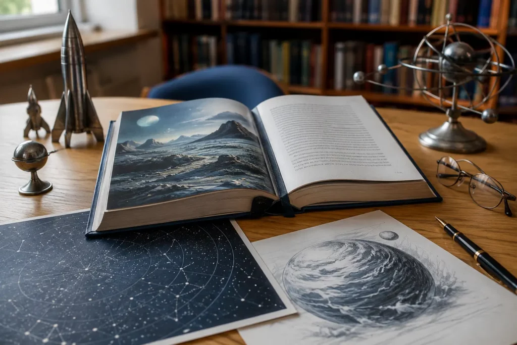 Otwarta powieść science fiction, mapa kosmosu, szkic planety i okulary na biurku