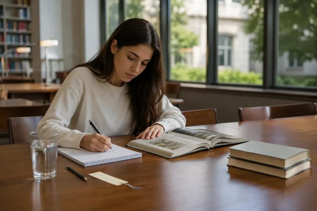 Student czytający reportaż w bibliotece i zapisujący najważniejsze obserwacje