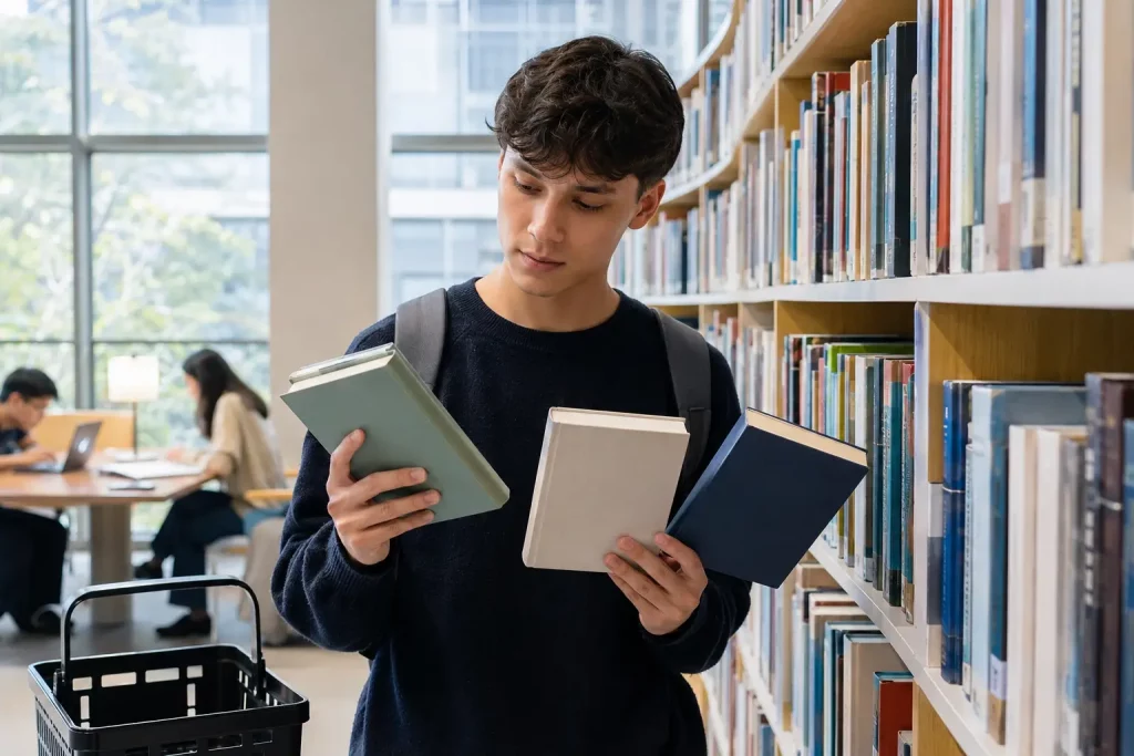 Student wybierający książki do nauki, rozwoju i odpoczynku