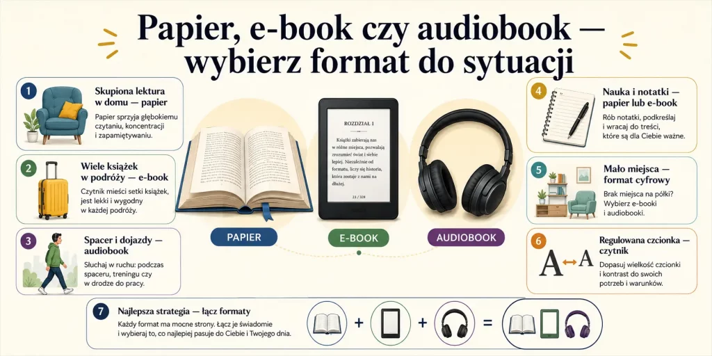 Papier, e-book czy audiobook — wybierz format do sytuacji