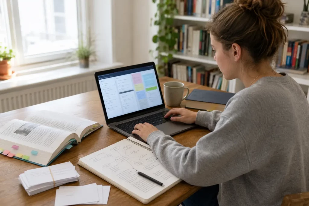 Student porządkujący notatki, źródła i połączone materiały na ekranie laptopa