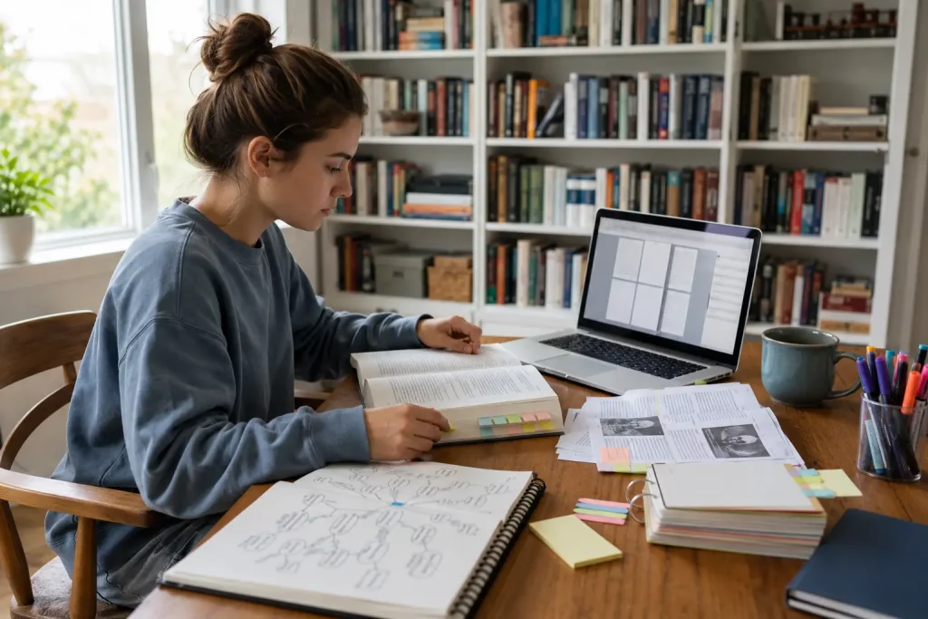 studentka porządkująca rozdziały, artykuły, fiszki i schemat fabuły przy laptopie w jasnej bibliotece