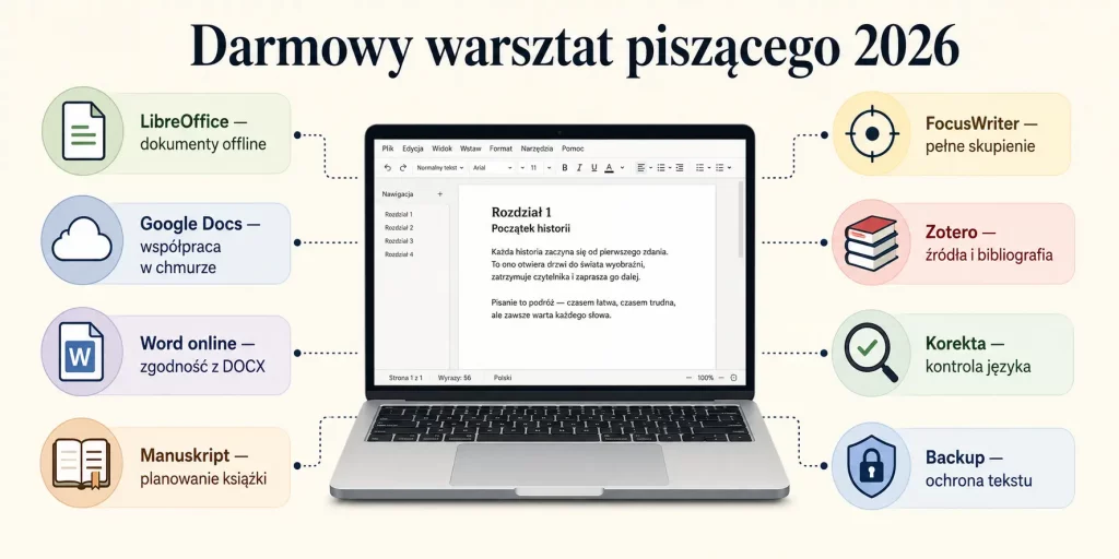 Darmowy warsztat piszącego 2026 — programy do tworzenia, organizacji, korekty i ochrony tekstu