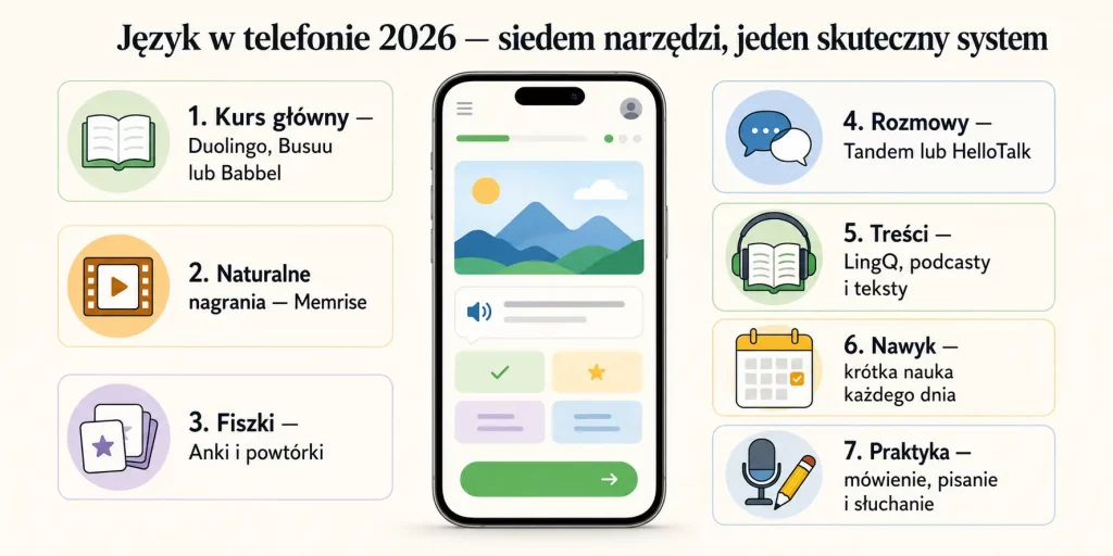 Język w telefonie 2026 — siedem narzędzi, jeden skuteczny system