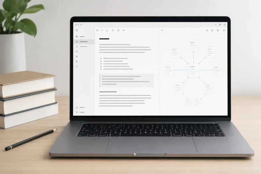 zbliżenie na ekran laptopa z prostą notatką Markdown i kilkoma połączeniami, jasne naturalne światło, minimalistyczne biurko
