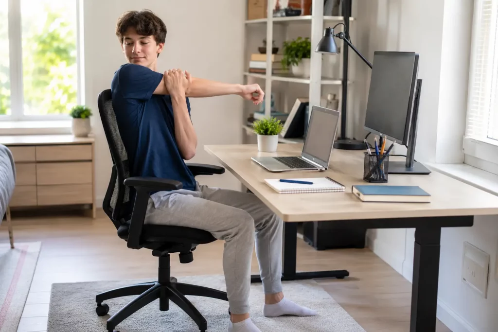 miejsce na jasne zdjęcie ergonomicznego stanowiska do nauki z osobą wykonującą lekkie rozciąganie
