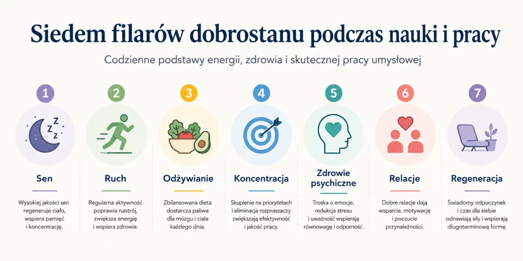 Siedem filarów dobrostanu podczas nauki i pracy