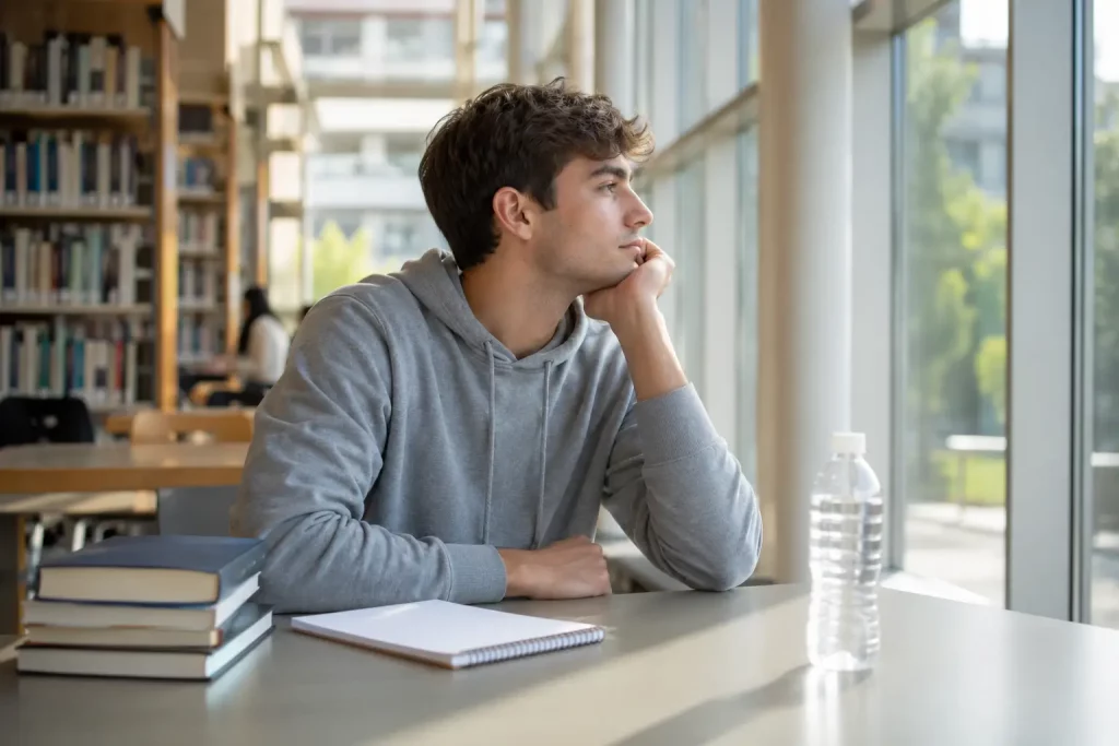 jasne zdjęcie studenta w bibliotece robiącego spokojną przerwę od nauki, z książkami odłożonymi na bok i butelką wody