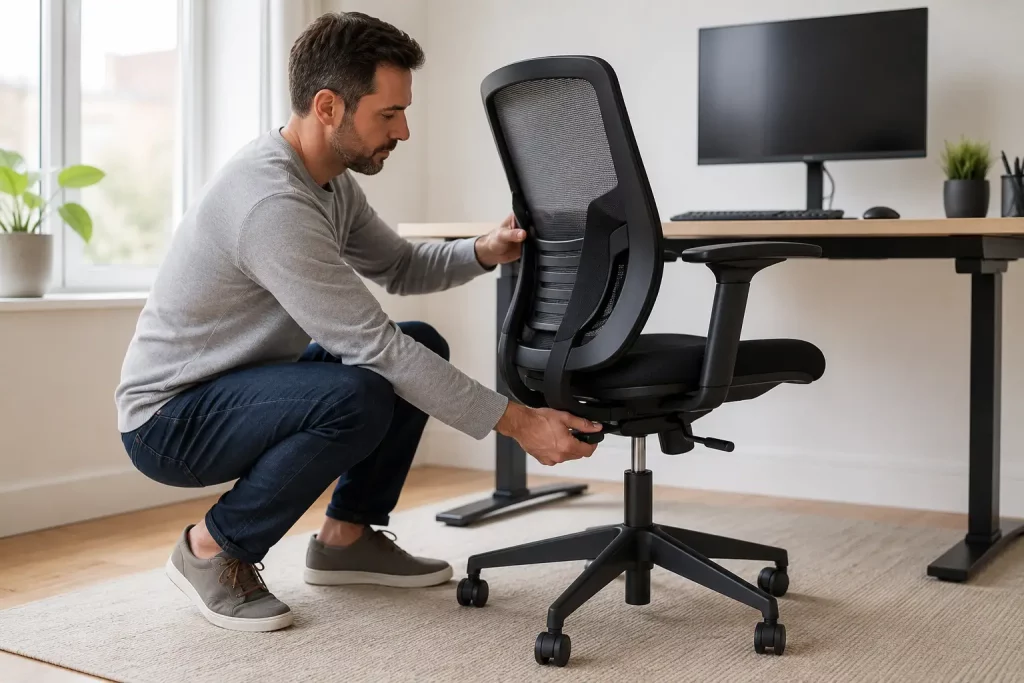 miejsce na jasne zdjęcie osoby regulującej ergonomiczne krzesło przy nowoczesnym stanowisku komputerowym