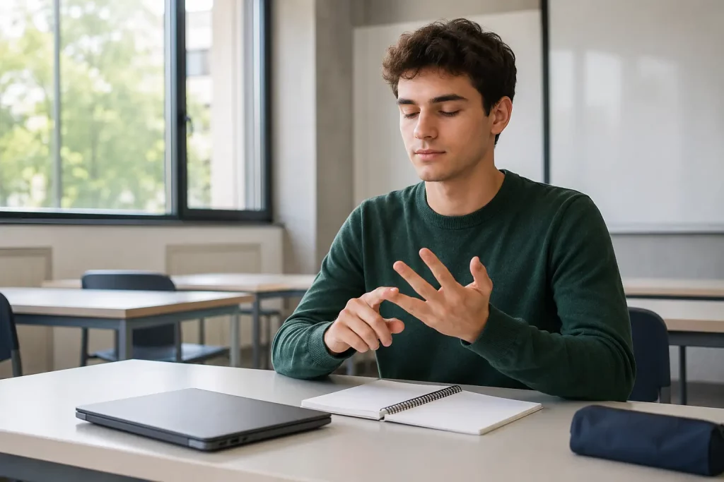 jasne zdjęcie studentki siedzącej przed prezentacją z zamkniętym laptopem, spokojnie liczącej fazy oddechu na palcach