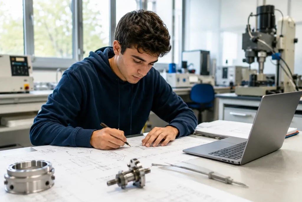 Student kierunku technicznego pracujący nad projektem inżynierskim w laboratorium, jasne wnętrze uczelni