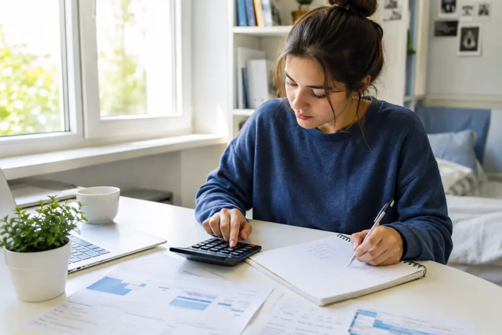 Student obliczający budżet miesięczny na kalkulatorze, notatki finansowe i laptop na biurku, jasne wnętrze