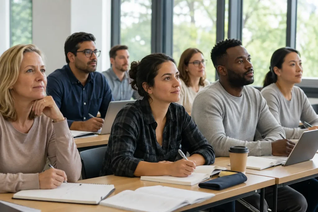 Grupa studentów studiów zaocznych podczas zjazdu weekendowego, wykład w sali uczelnianej, jasne wnętrze