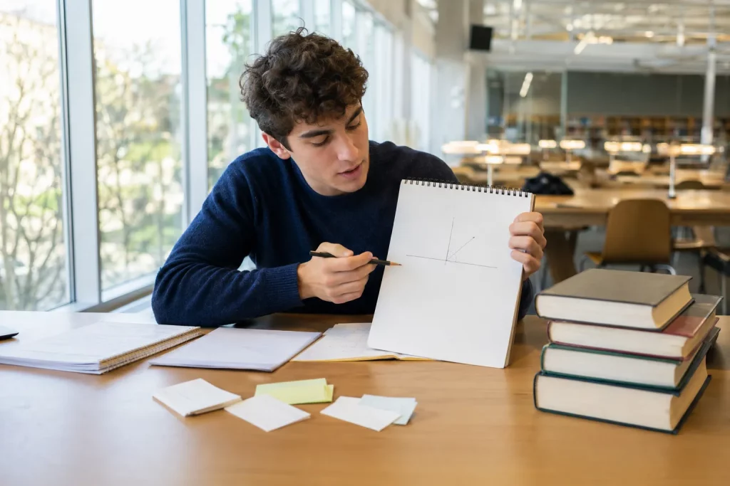 student przed egzaminem tłumaczy temat na głos przy tablicy lub pustej kartce, podręczniki leżą zamknięte z boku