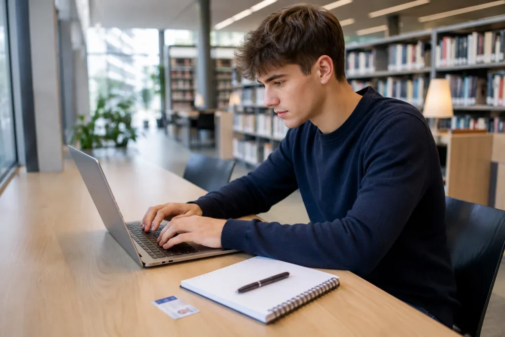student czytający regulamin studiów na laptopie w jasnej bibliotece uniwersyteckiej, obok notes i legitymacja bez widocznych danych