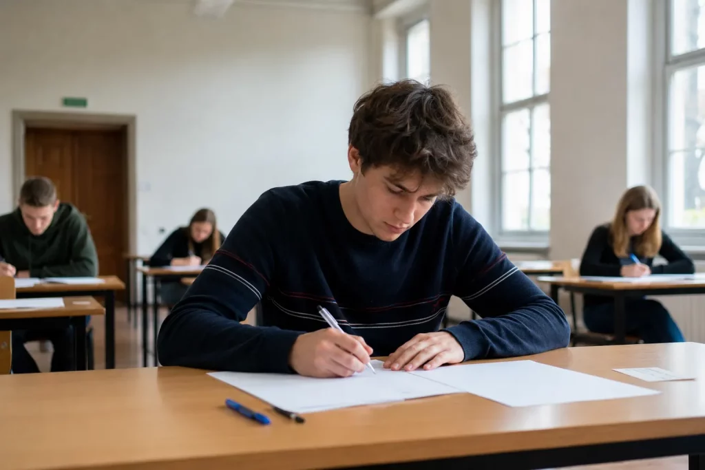  jasna sala egzaminacyjna na uczelni, student pracujący nad arkuszem, spokojna akademicka atmosfera