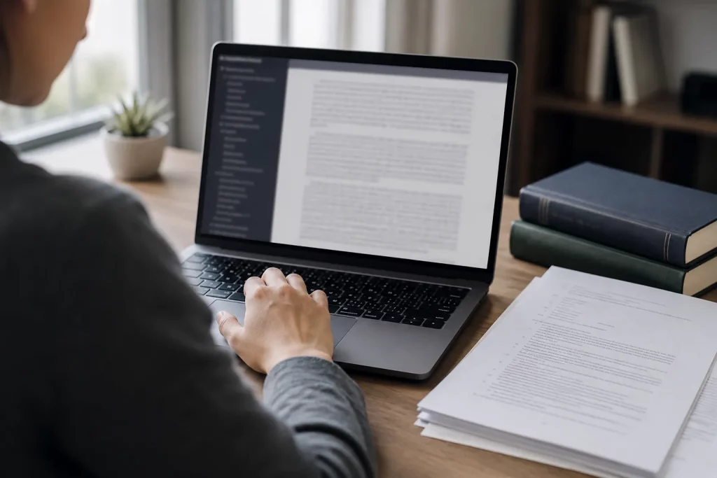 jasne biurko studenta, laptop z otwartym długim dokumentem, panel struktury dokumentu na ekranie, notatnik i książki naukowe