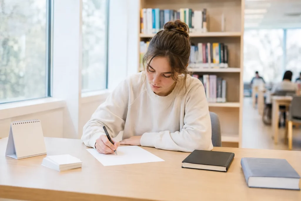 student rozwiązujący krótki test z pamięci przy jasnym stole, zamknięte notatki odsunięte na bok, kalendarz i zegar w tle
