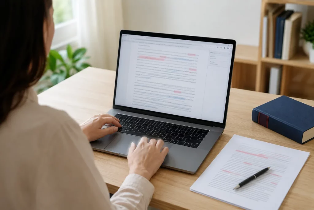 osoba poprawiająca polski tekst na laptopie, obok kartka z kilkoma krótkimi zdaniami i słownikiem