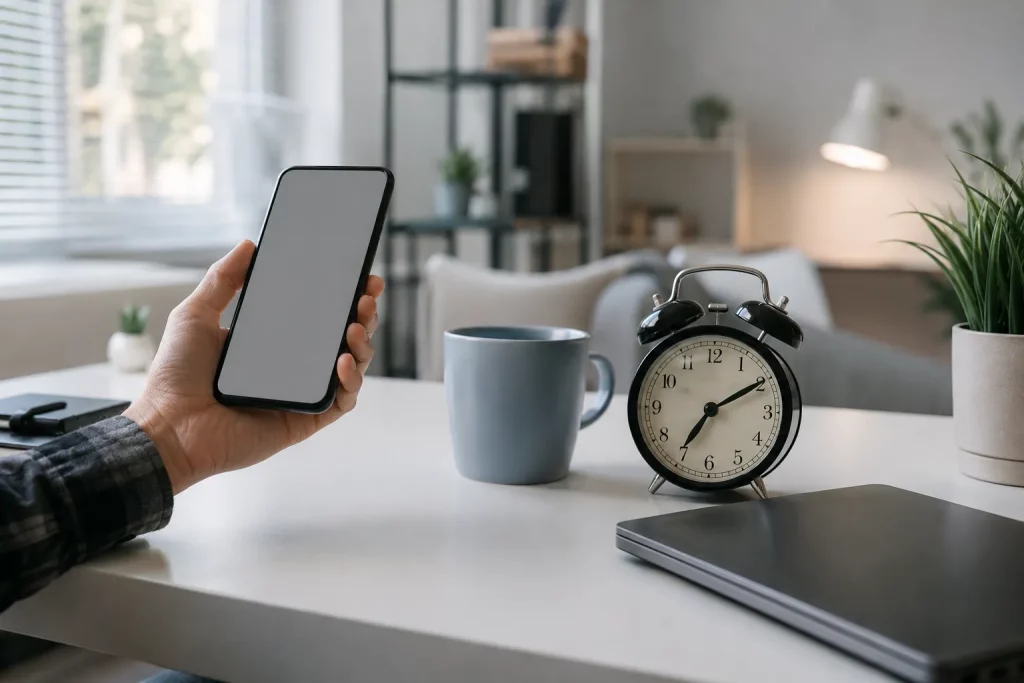 pracownik rano zgłaszający nagłą nieobecność przez telefon przy domowym biurku