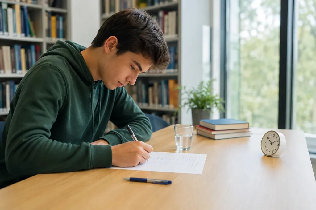  student wykonuje próbny test z pamięci, a zamknięte notatki leżą dalej na biurku