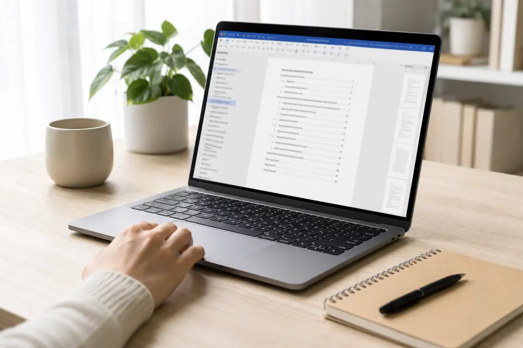 zbliżenie na ekran laptopa z uporządkowanym dokumentem i estetycznym spisem treści, obok klawiatura i notatnik, jasne neutralne tło, brak czytelnych nazw własnych