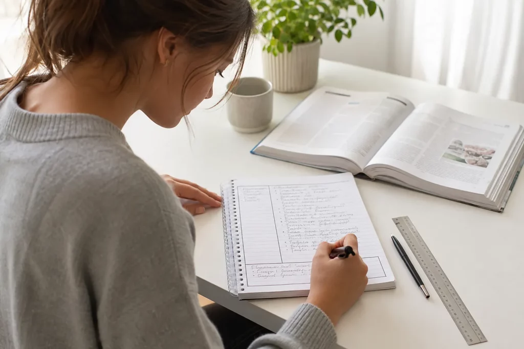  studentka przygotowująca ręcznie kartkę Cornella przy jasnym biurku, wyraźnie podzielona strona, książka i długopis, bez czytelnego tekstu