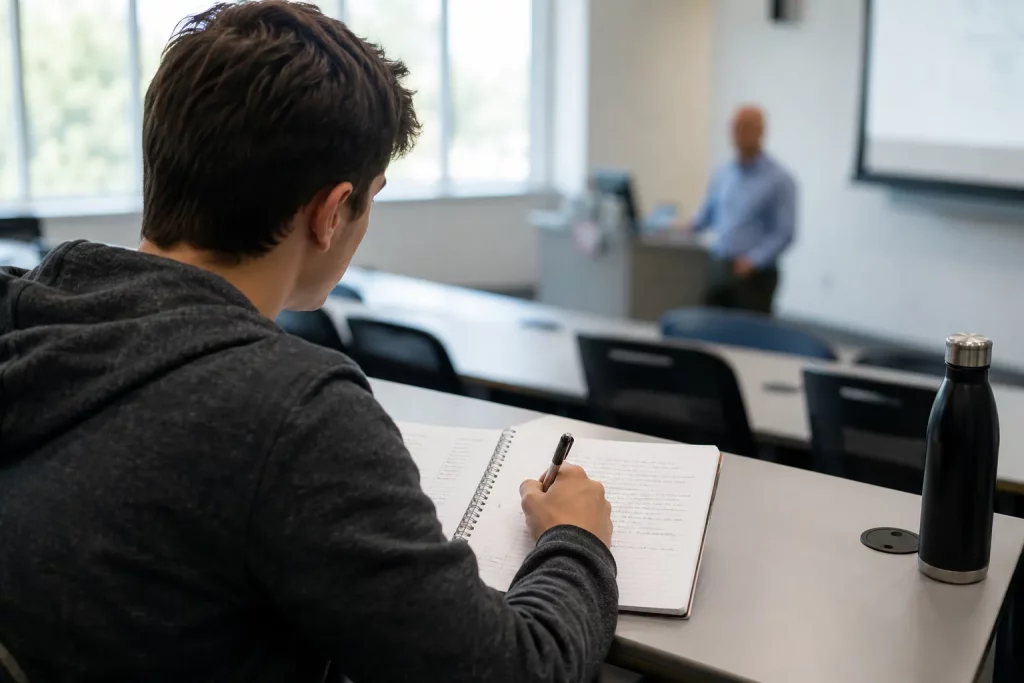 student podczas wykładu zapisujący selektywne notatki w zeszycie, jasna sala akademicka, widoczny podział kartki na kolumny, bez czytelnych napisów